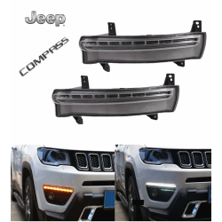 Kit de luces diurnas LED blancas hielo para Jeep Compass con indicador secuencial dinámico naranja.