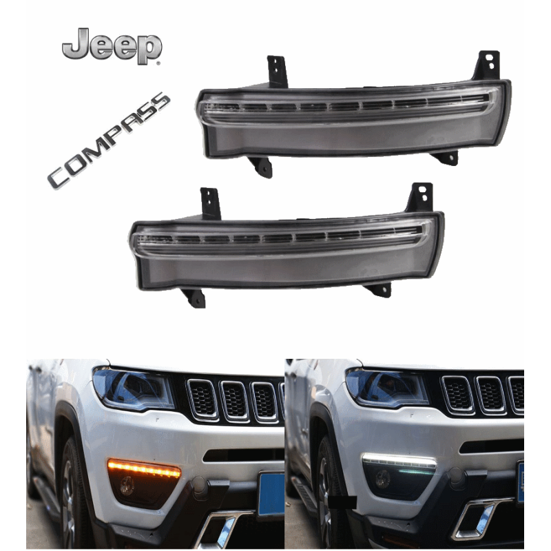 Intermitentes secuenciales para Jeep Compass + luces diurnas LED (DRL) blancas y naranjas.