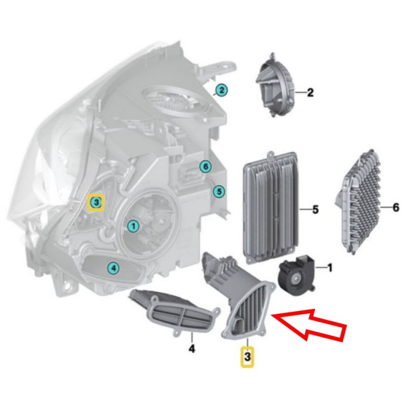 Posición en el faro del módulo LED 63117442780 Derecho BMW.