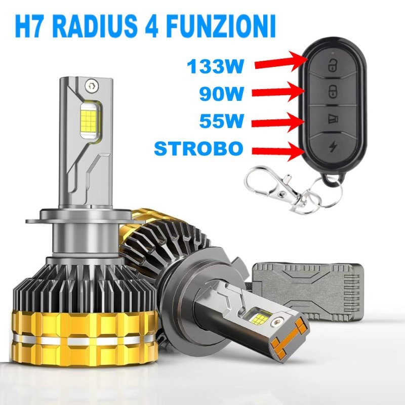 Kit LED H7 de 3 potencias: 133W, 90W, 55W y estroboscópico para lenticular y parabólico, radio definido de muy alta potencia.