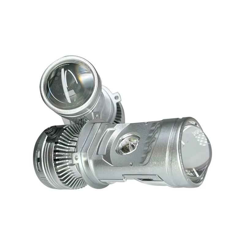 vista laterale e frontale Proiettore Lenticolare AOZOOM MINI H4  BI-LED ALL IN ONE Anabbagliante 40W Abbagliante 75W