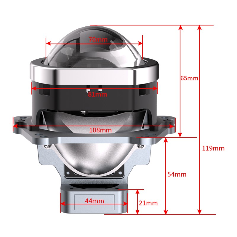 dimensioni Proiettore Lenticolare 3 Pollici LED Bi-Led + Laser 70w Faro Lente Compatto Senza Centralina