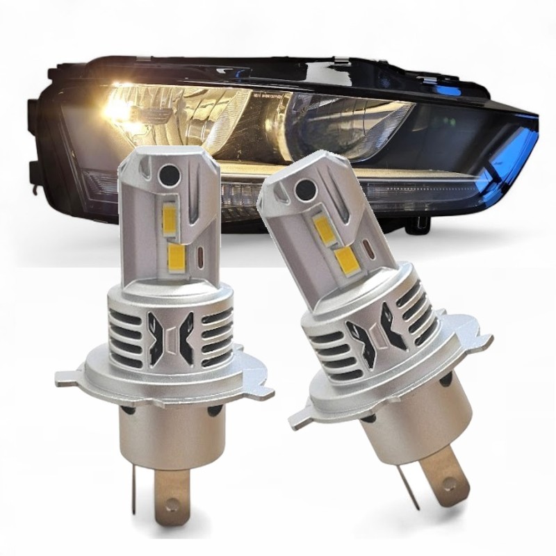 Lampade Led H4 CORTE con VENTOLA 4000K Gialle Canbus H19 Stessa Misura Originale REVOLUTION
