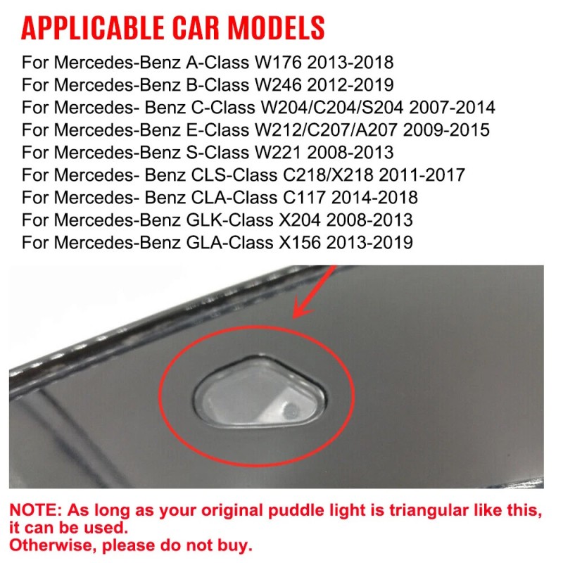 modelli compatibili Proiettore Logo Sotto Specchietto Mercedes-Benz Classe A W176 Luce Benvenuto in Vetro Intera Fiancata