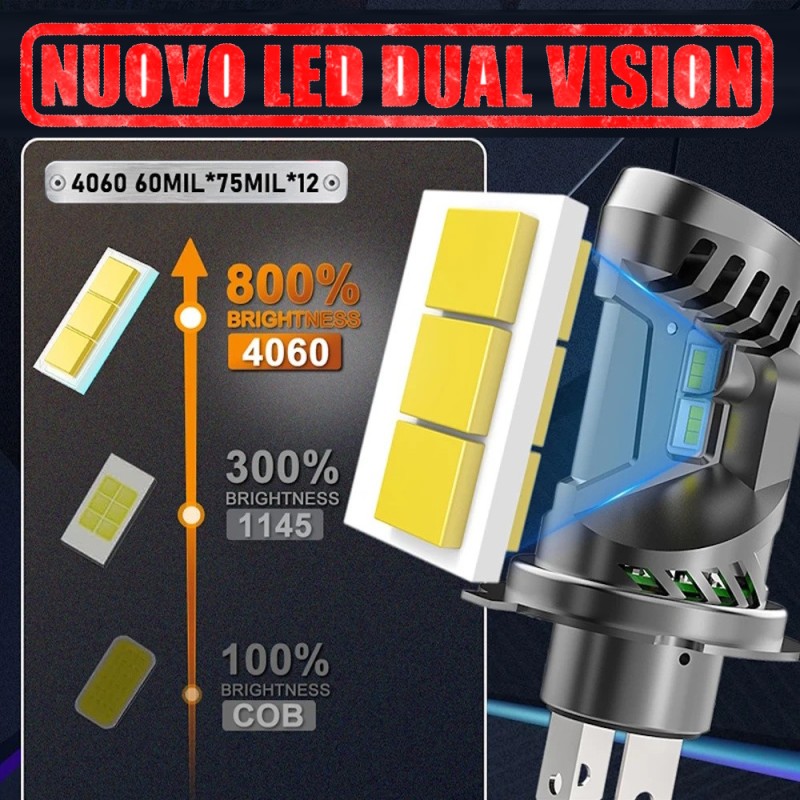 CHIP 4060 Lampade Led H4 Dual Vision 50w Stessa Dimensione Originale Canbus 6000k Anabbagliante Abbagliante