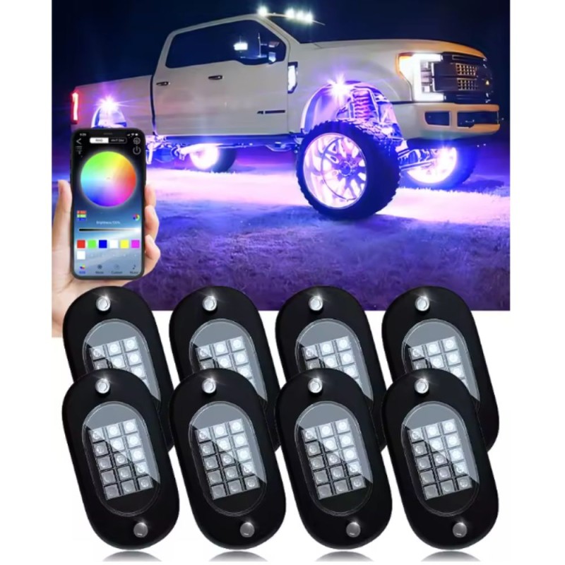Kit de luces LED para bajos de carrocería, 8 placas de luz RGBW de alta potencia con efectos Wifi para Android y iPhone.