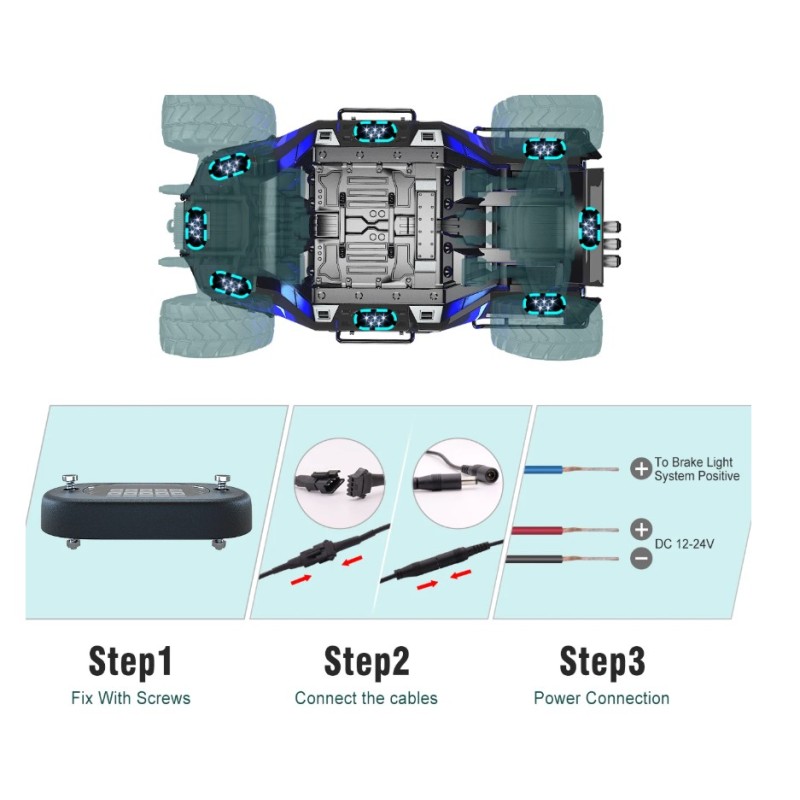 posizione Kit Led Sotto Scocca 8 Placchette RGBW Rock Light Alta Potenza con Effetti Wifi Android I-Phone