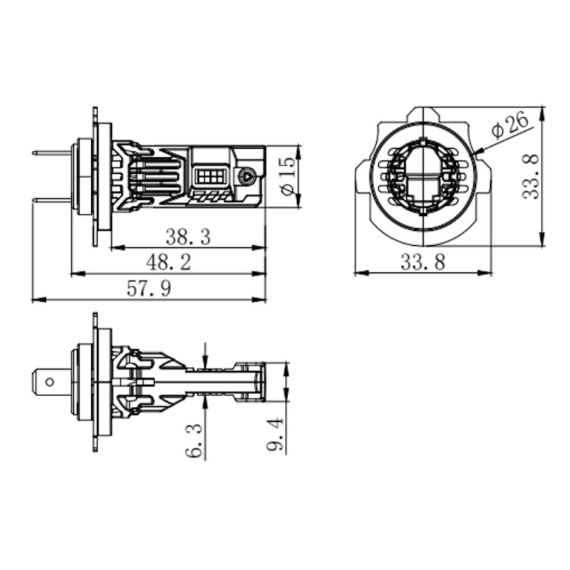 Dimensions Led Kit H7C STRONG LIGHT Power 35W Dissipation with Copper Tube and Liquid