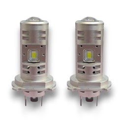 Par de mini lentes H4 BI-LED 6000k con doble función de luz baja y luz alta, sin sombras ni deslumbramiento.