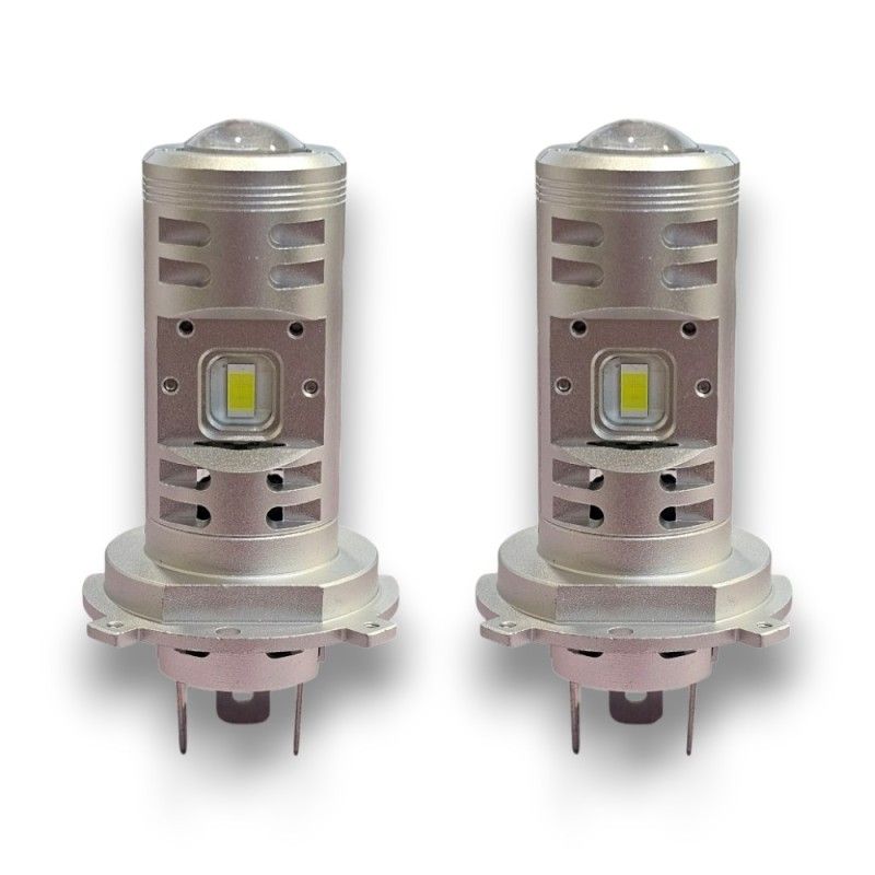 Par de mini lentes H4 BI-LED 6000k con doble función de luz baja y luz alta, sin sombras ni deslumbramiento.