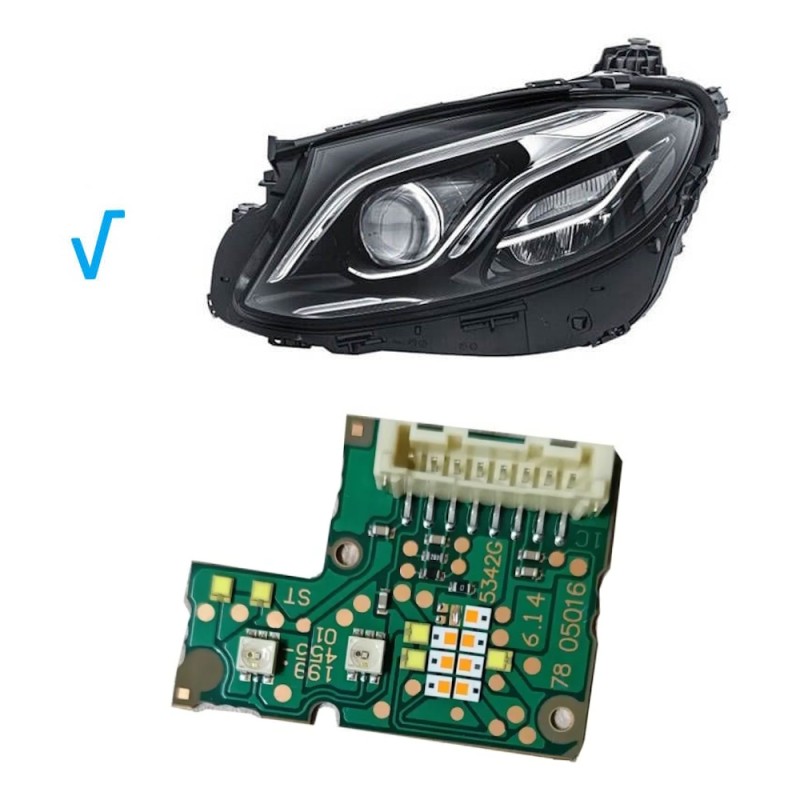 Módulo de faros LED Mercedes W213 199455-01, intermitentes izquierdos y luz diurna (DRL) azul.