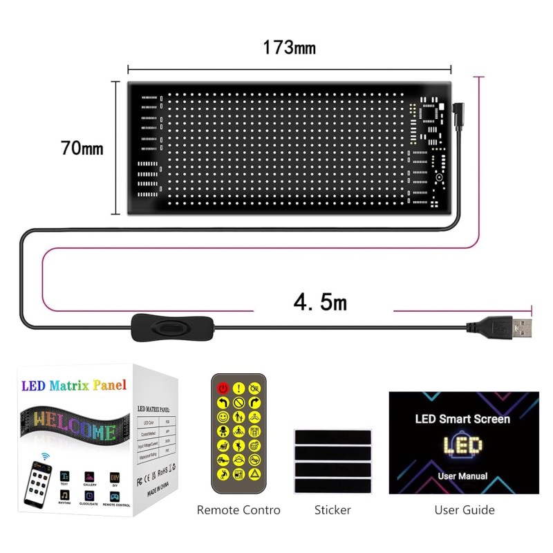 Panel de visualización LED de 70 x 173 mm, programable, flexible, con Bluetooth y animación.