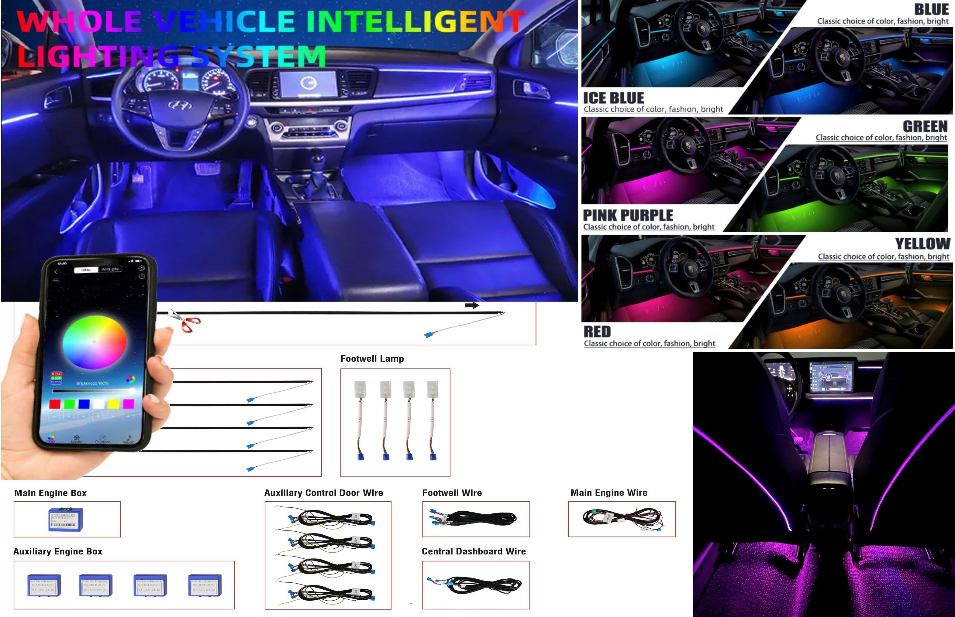 Kit 9 Pezzi RGB Acrylic LED Light Interni Auto Decorativa Fibra